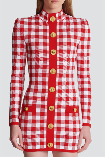 Knit Checks Metal Button Mini Dress