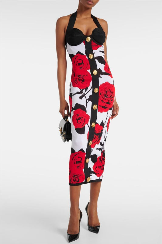 Knit Metal Button Halter Neck Midi Dress