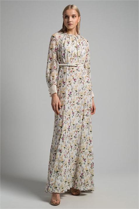 Pleat Round Neck Maxi Dress With Belt