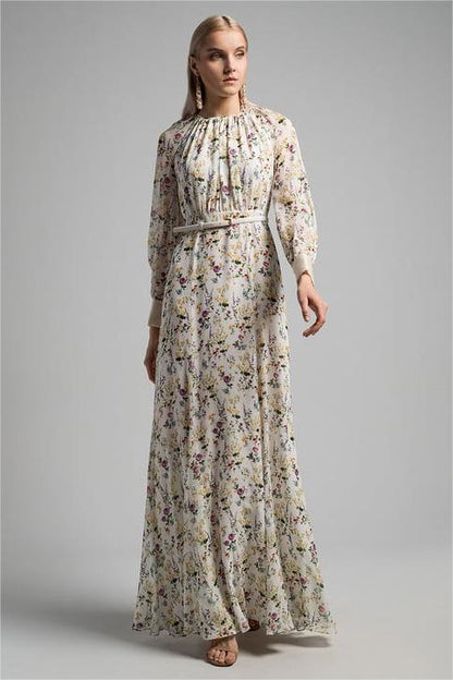 Pleat Round Neck Maxi Dress With Belt