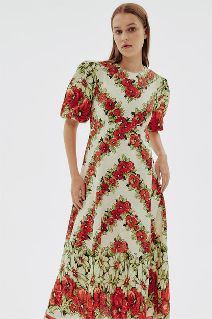 Puff Sleeve Round Neck Midi Dress