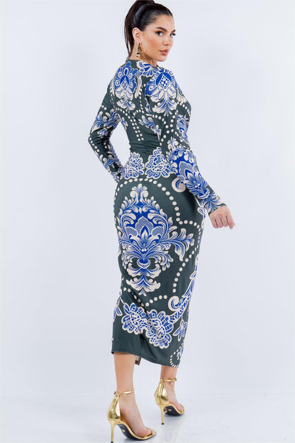 Paisley Print Ruched Long Sleeve Midi Dress