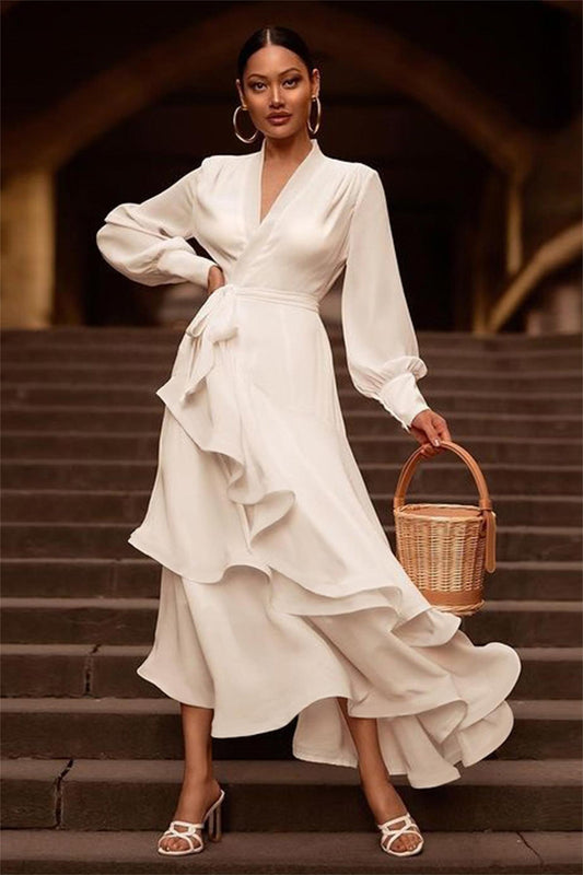 Satin Ruffle Lantern Sleeve Midi Dress