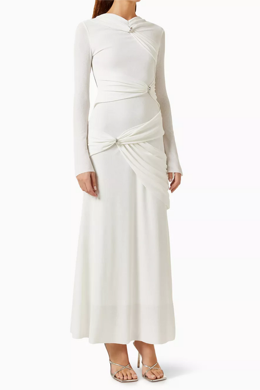 Knit Ruched Long Sleeve Maxi Dress White