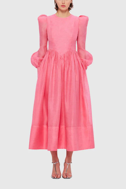 Lantern Sleeve Round Neck Midi Dress