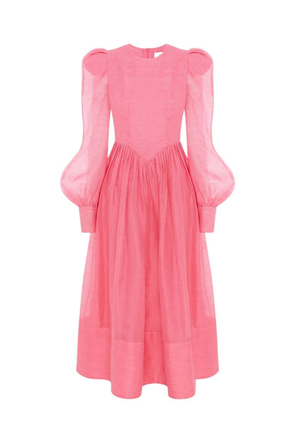 Lantern Sleeve Round Neck Midi Dress
