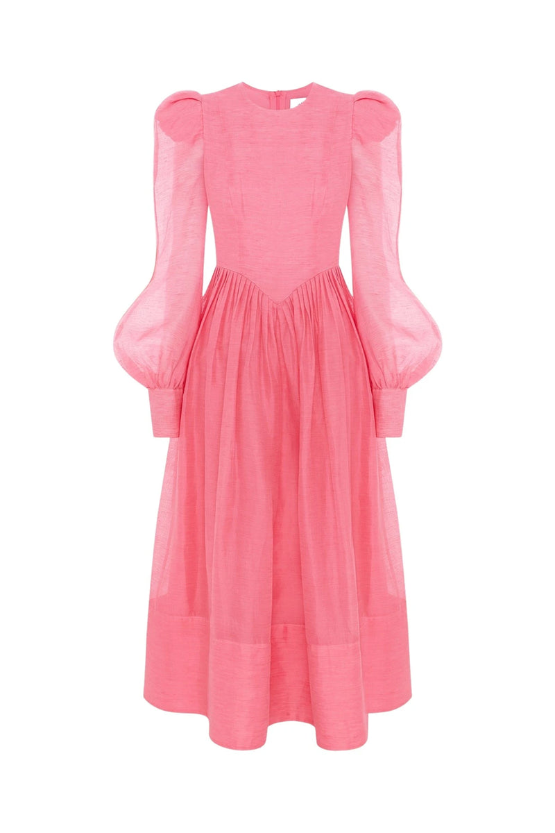 Lantern Sleeve Round Neck Midi Dress