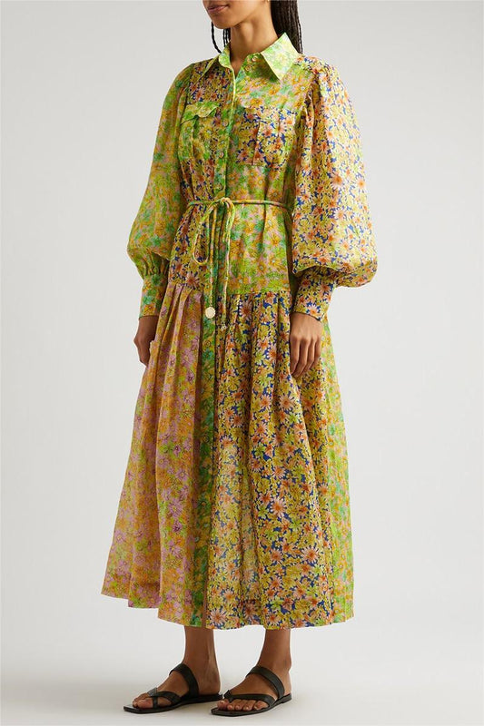 Lantern Sleeve Bottom Midi Dress With Belt