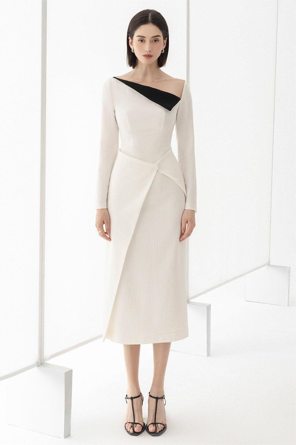 Contrast Color Long Sleeve Midi Dress