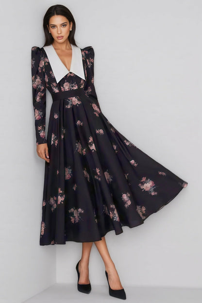 Eamon Contrast Collar Puff Sleeve Midi Dress
