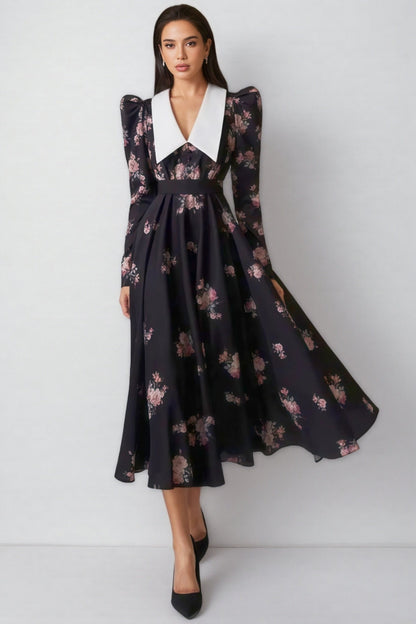 Eamon Contrast Collar Puff Sleeve Midi Dress