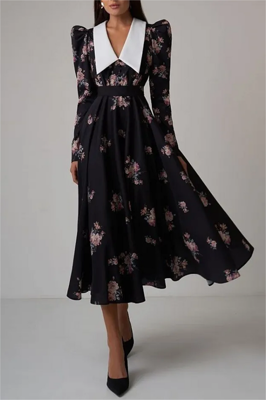 Contrast Collar Puff Sleeve Midi Dress