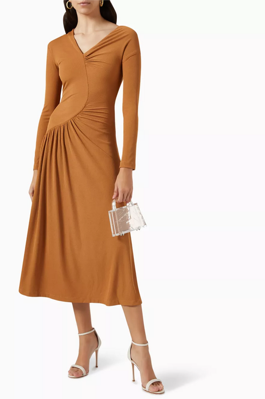 Jersey Ruched Long Sleeve Midi Dress Khaki