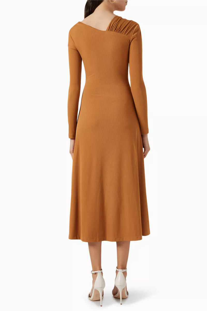 Jersey Ruched Long Sleeve Midi Dress Khaki