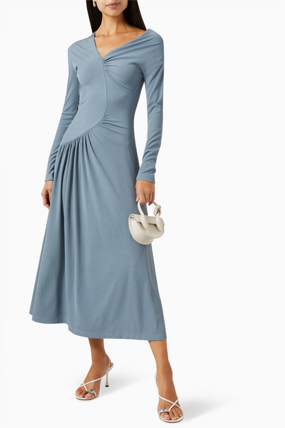 Jersey Ruched Long Sleeve Midi Dress Blue