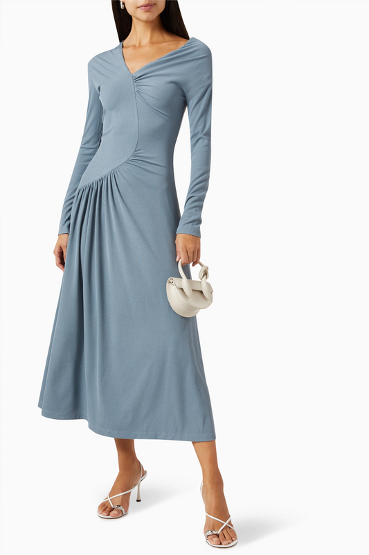 Jersey Ruched Long Sleeve Midi Dress Blue