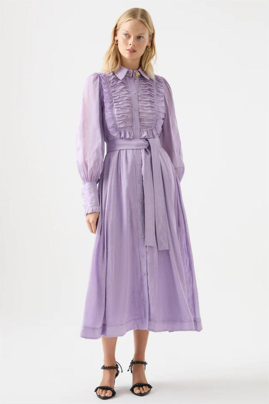 Lantern Sleeve Frill Midi Dress With Belt Purple