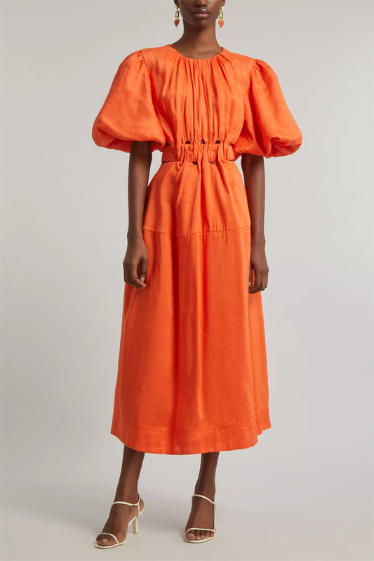 Puff Sleeve Cut-out Midi Dress