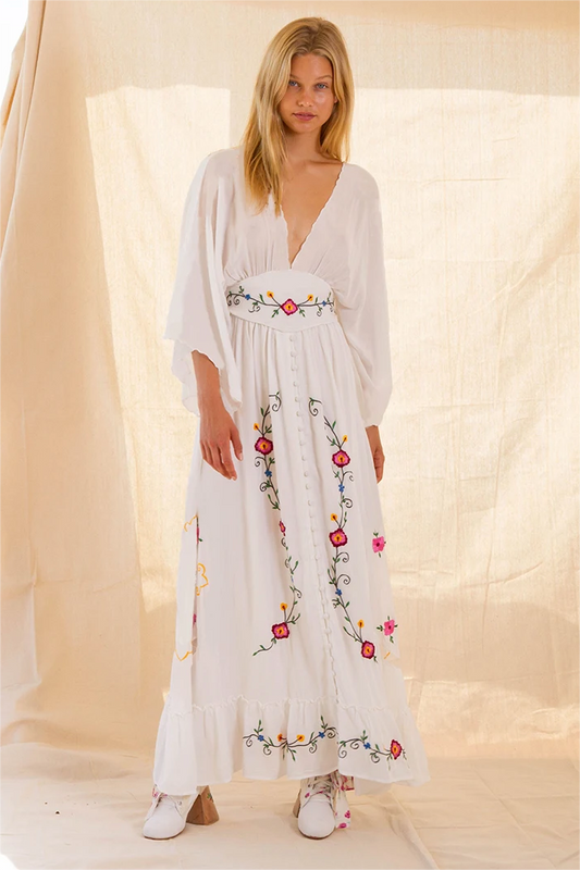 Embroidered V-neck Midi Dress