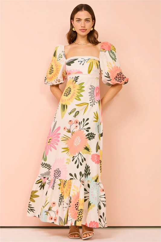 Puff Sleeve Square Neck Midi Dress