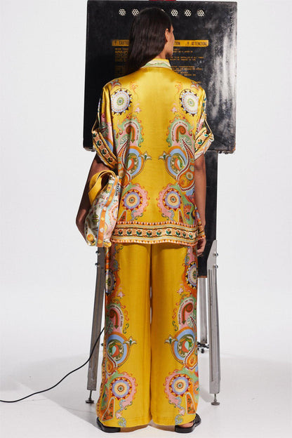 Paisley Print Satin Bottom Top �?mid Waist Pants Set