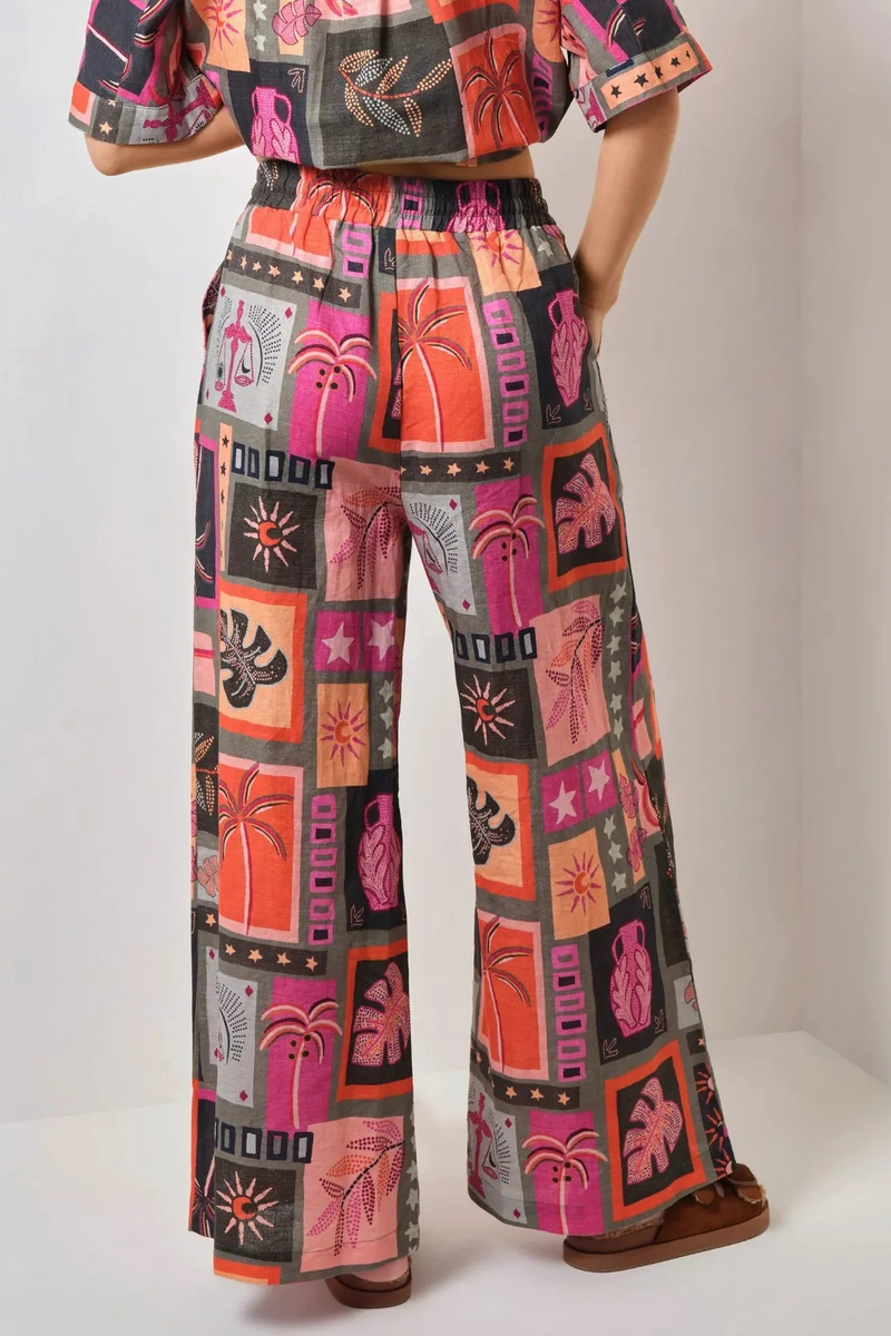 Botanical Print Satin Bottom Top �?mid Waist Pants Set