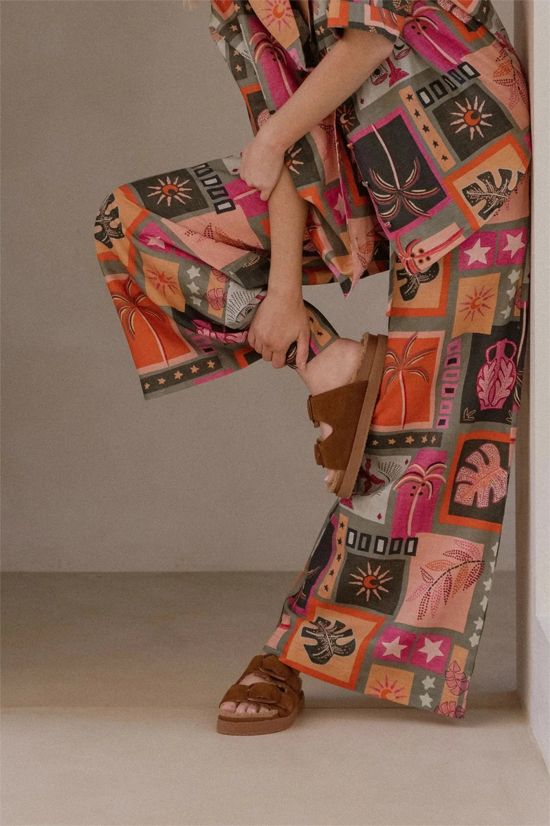 Botanical Print Satin Bottom Top �?mid Waist Pants Set