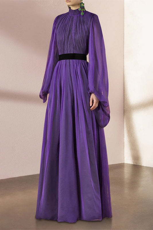 Ruched Lantern Sleeve Midi Dress