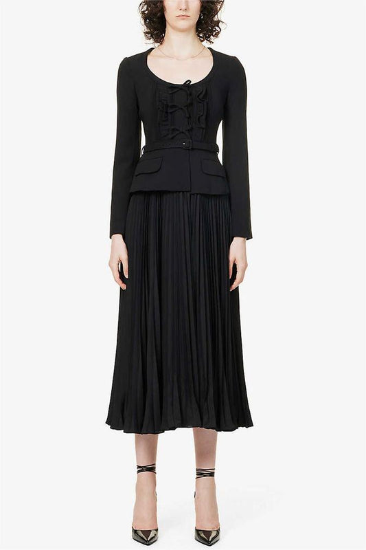 Bow Pleated Long Sleeve Midi Dress With Belt