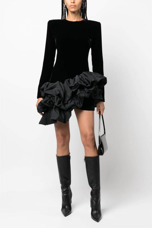 Velvet Long Sleeve Ruffle Mini Dress