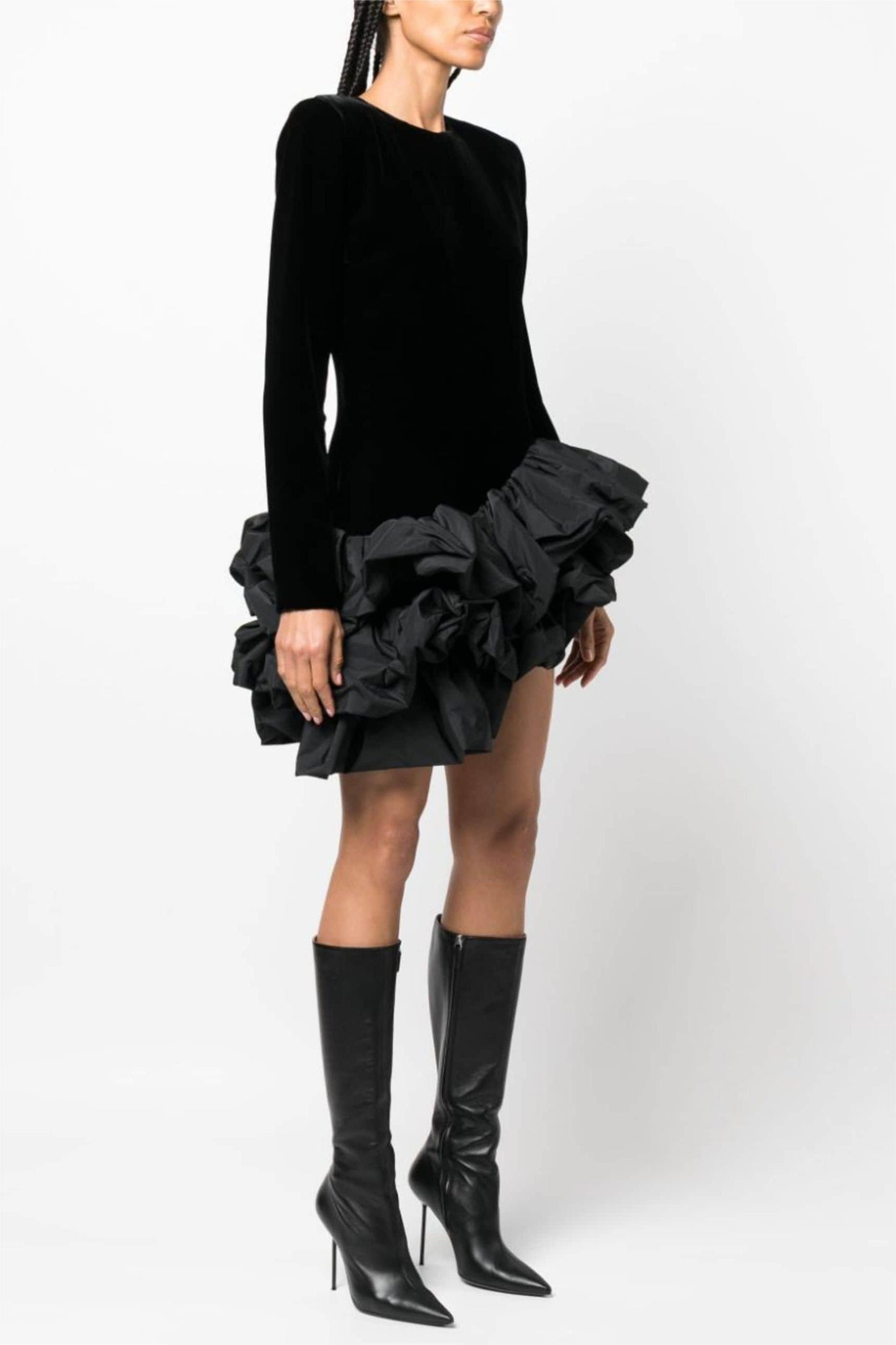 Velvet Long Sleeve Ruffle Mini Dress