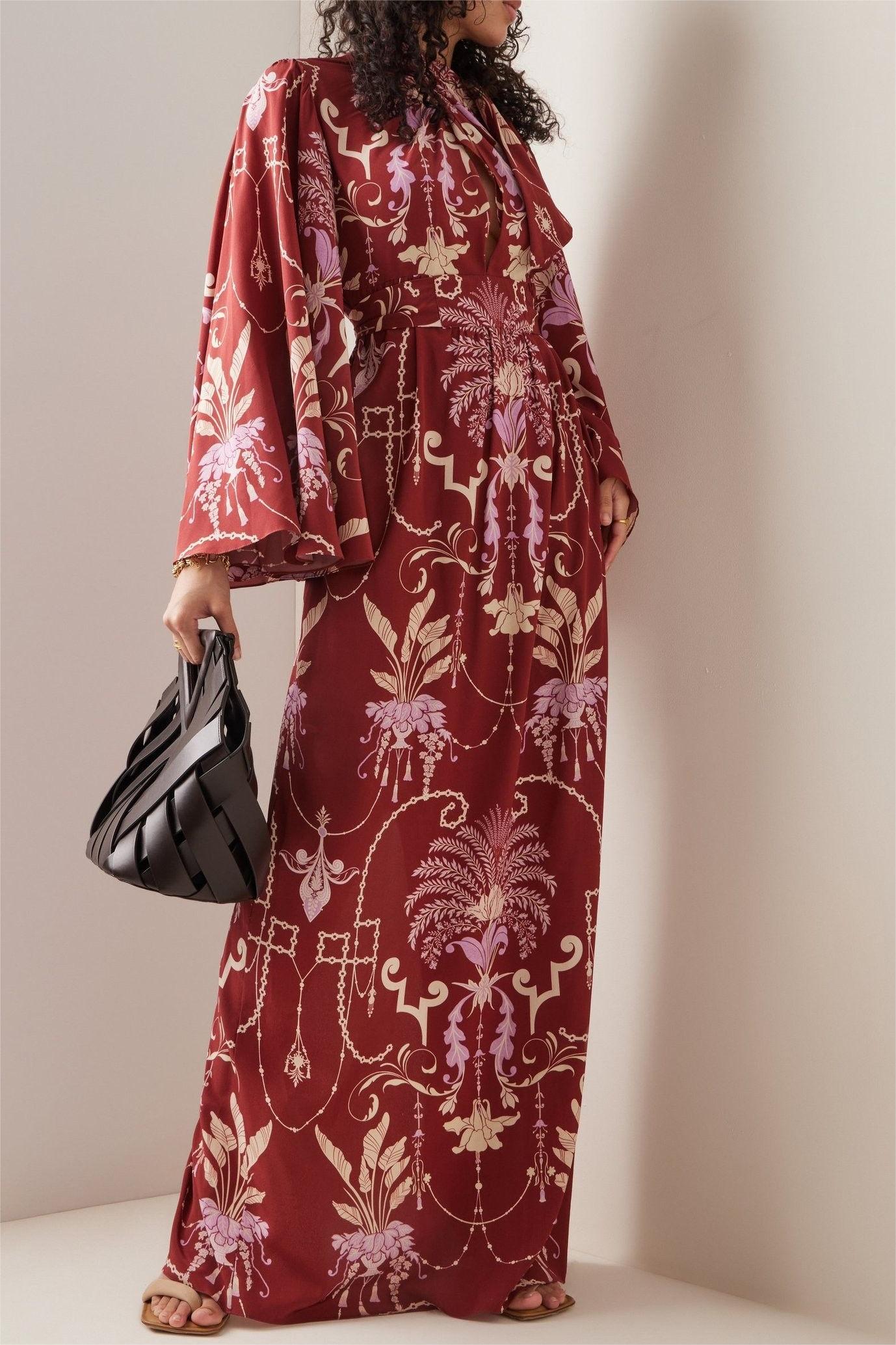 Paisley Print Knotted Long Sleeve Midi Dress