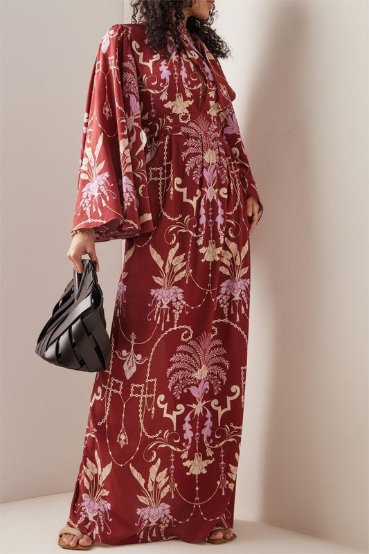 Paisley Print Knotted Long Sleeve Midi Dress