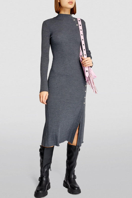 Jersey Button Long Sleeve Midi Dress
