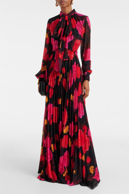 Abstract Print Long Sleeve Lace Up Midi Dress