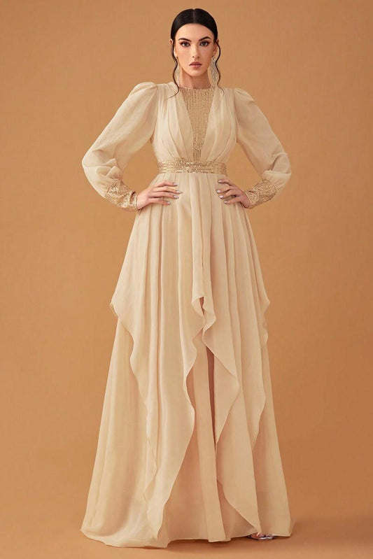 Sequin Puff Sleeve Round Neck Maxi Dress