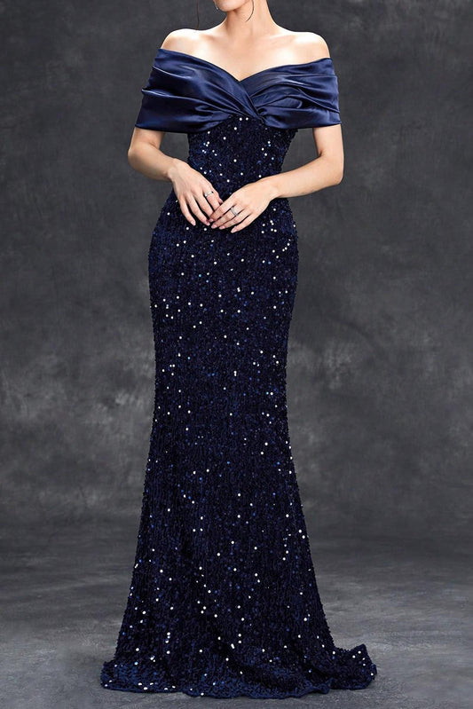 Sequin Satin Off Shoulder Maxi Dress