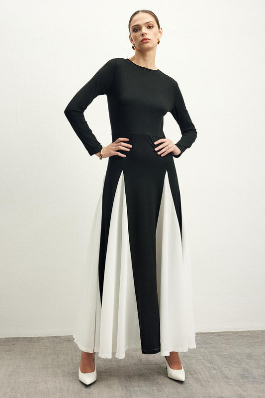 Contrast Color Long Sleeve Midi Dress