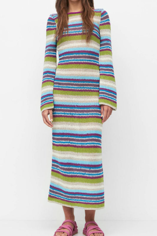 Stripe Round Neck Sweater Midi Dress
