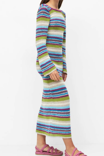 Stripe Round Neck Sweater Midi Dress