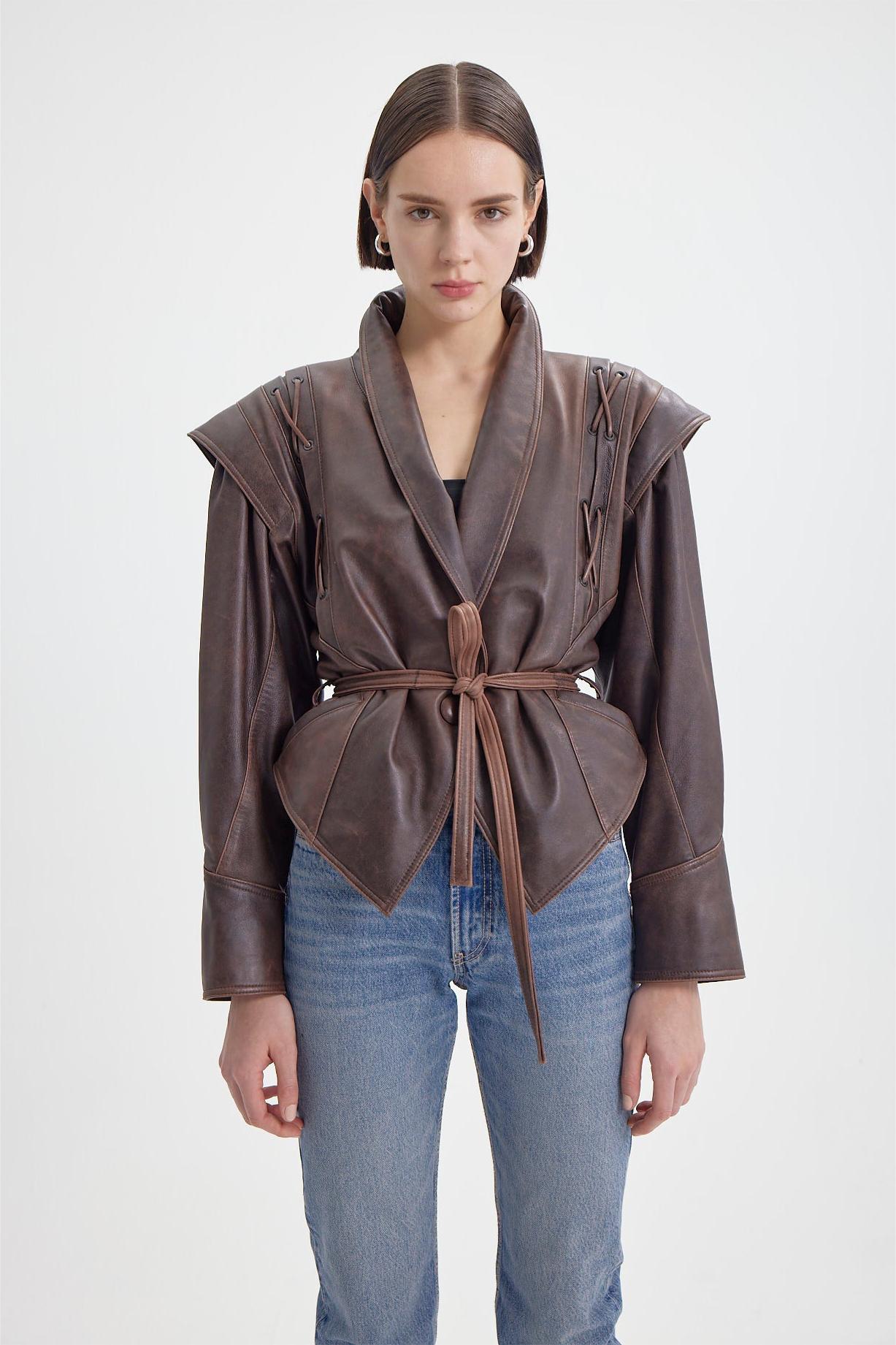 Pu Leather Flapped Coat With Belt
