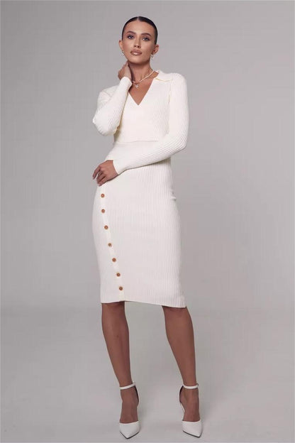 Jersey Creamy Metal Button Midi Dress