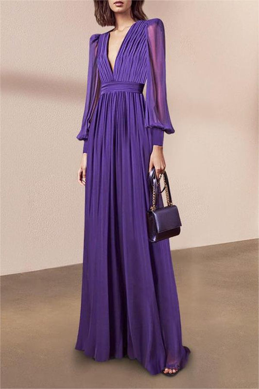 Chiffon V-neck Lantern Sleeve Midi Dress