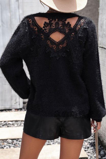 Long Sleeve Crew Collar Cut-out Lace Sweater White