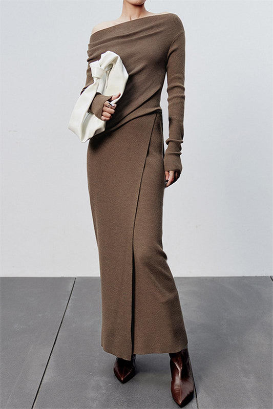 Off-shoulder Top Sweater & High Waist Midi Skirt Set