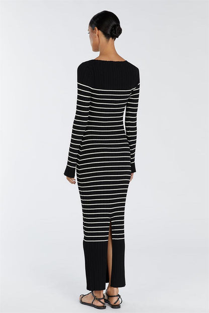 Knit Boat Neck Stripe Long Sleeve Midi Dress