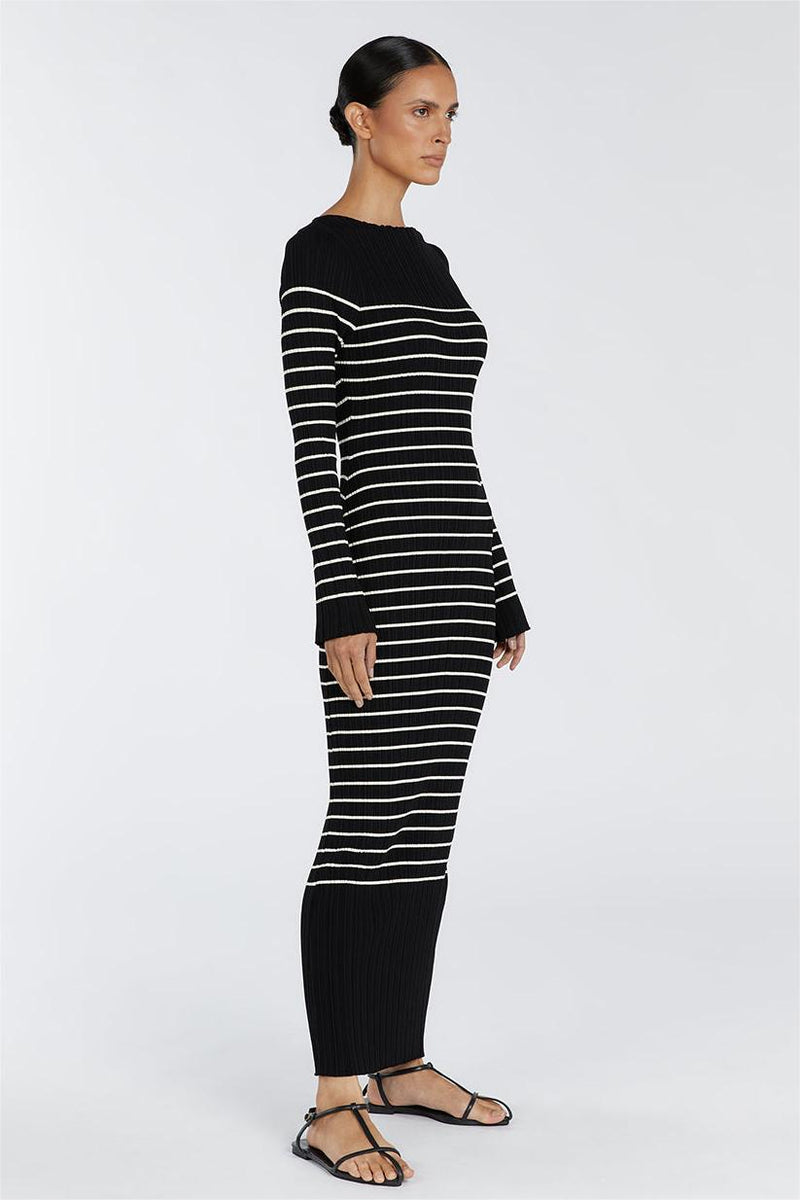 Knit Boat Neck Stripe Long Sleeve Midi Dress