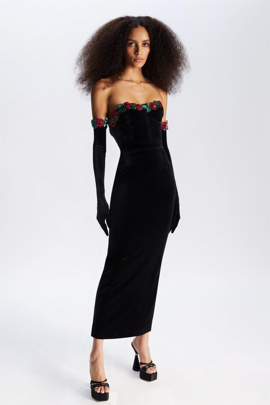 Sequin Velvet Midi Dress With Gloves