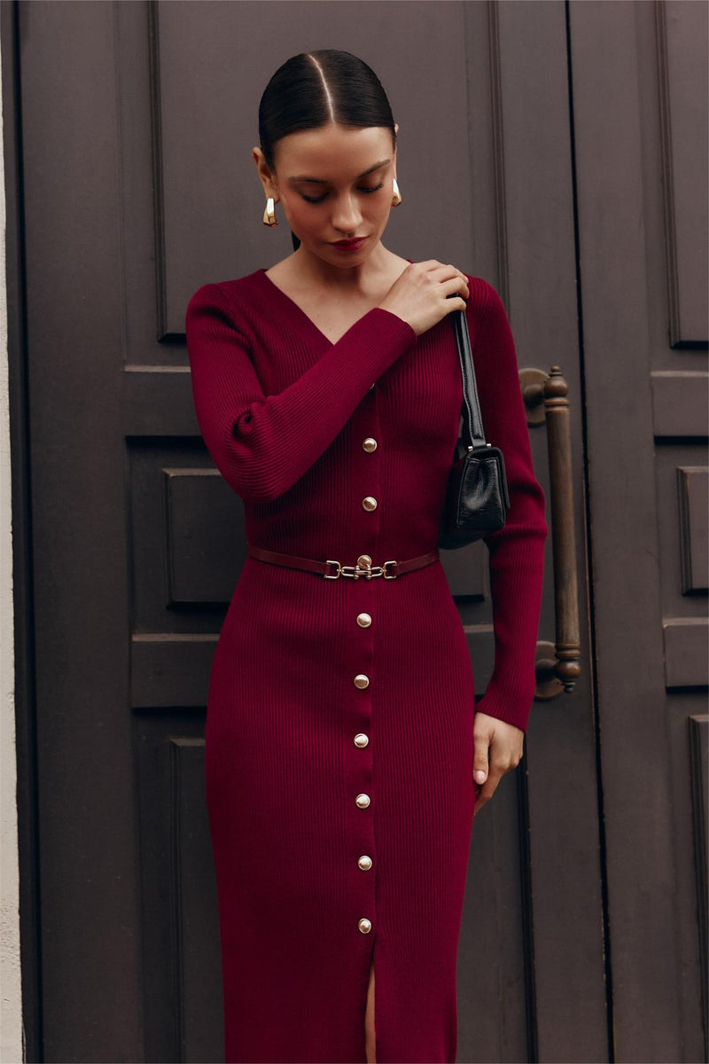 Knit Cable V-neck Mermaid Midi Dress