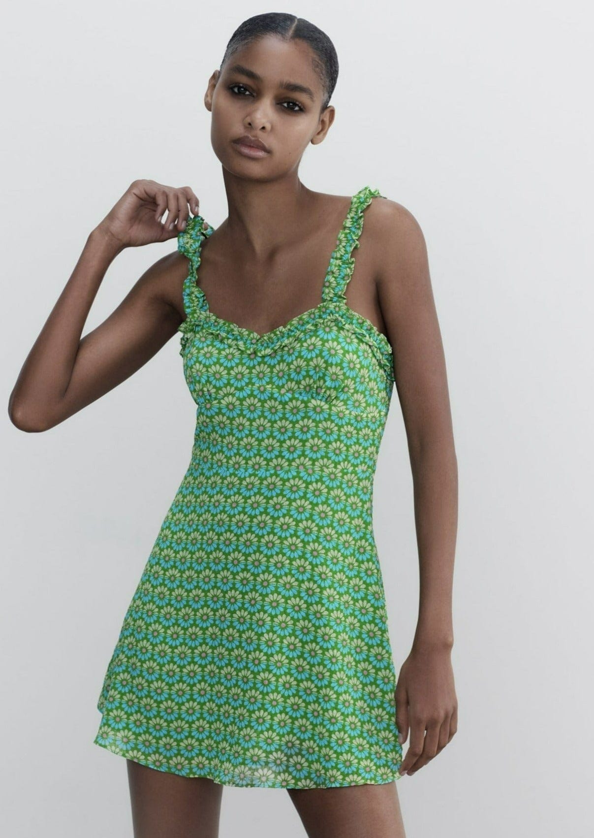 Green Ruffled Strap Mini Dress